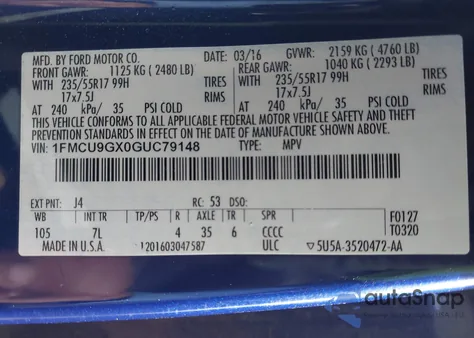 2016 Ford Escape Se z USA, uszkodzony, nr VIN 1FMCU9GX0GUC79148